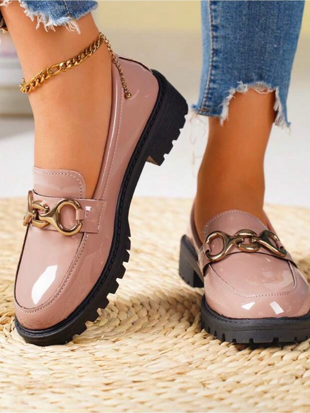Women's Patent Pink Chain-Link Loafers with Lug Sole
